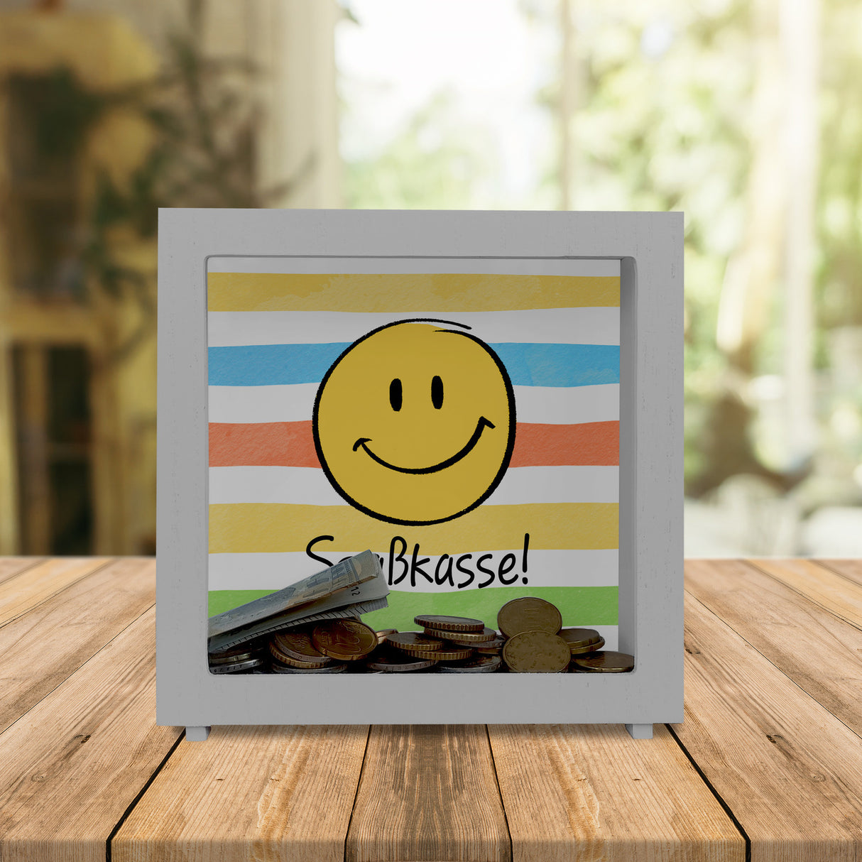 Emoticon Spardose mit Spruch Spaßkasse