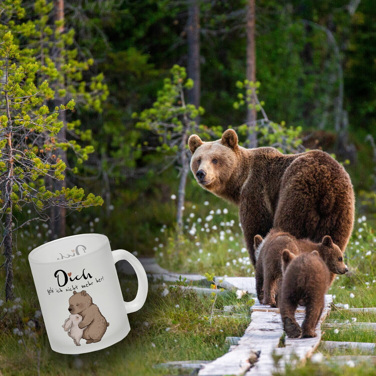 Hase und Bär Kaffeebecher mit Spruch Dich geb ich nicht mehr her