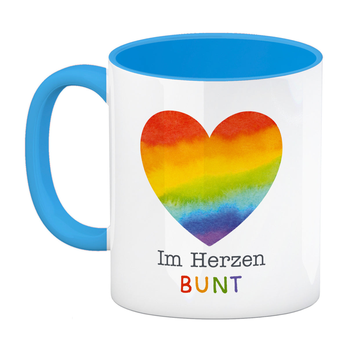 Regenbogenherz Kaffeebecher mit Spruch Im Herzen bunt