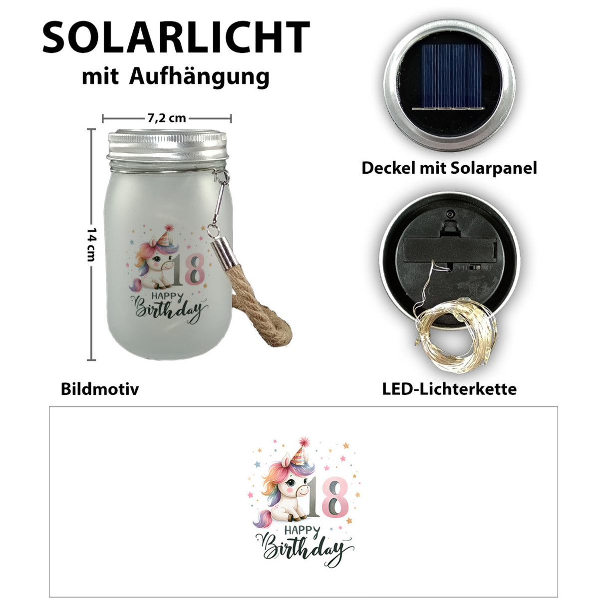 18. Geburtstag mit niedlichem Pferd Solarlicht mit Spruch Happy Birthday 18