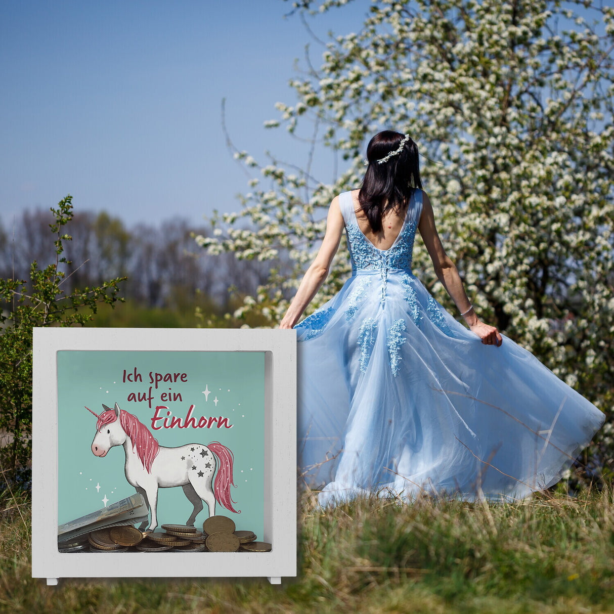 Einhorn Spardose in mintgrün mit Spruch Ich spare auf ein Einhorn