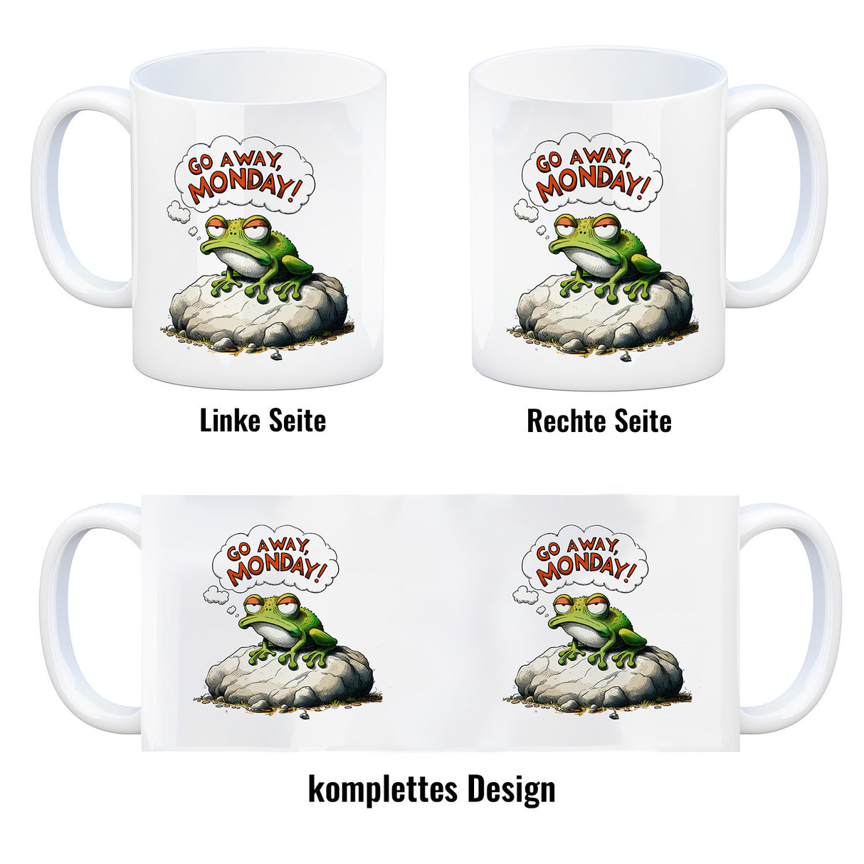 Mürrischer Frosch auf Stein Kaffeebecher mit Spruch Go away, Monday!