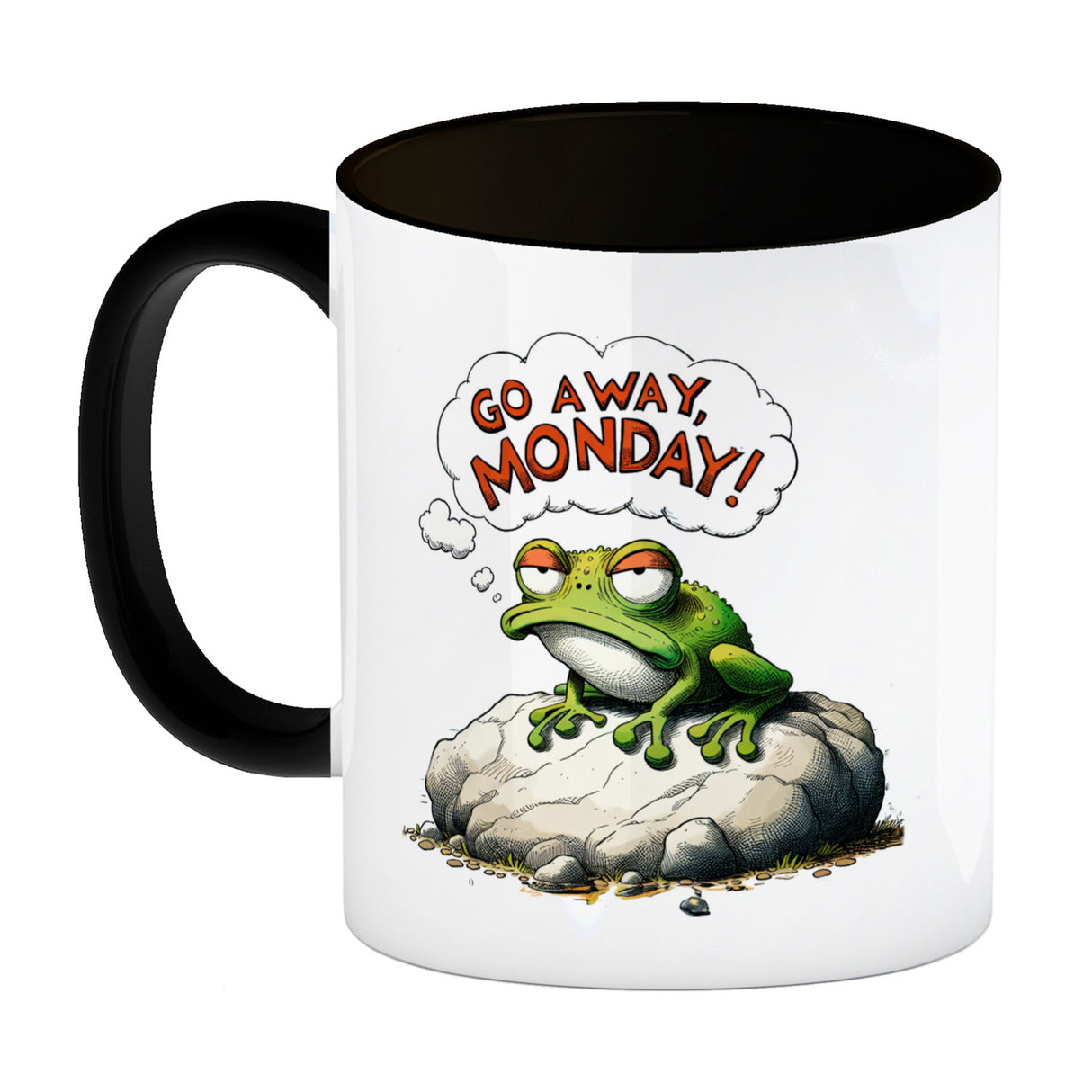 Mürrischer Frosch auf Stein Kaffeebecher mit Spruch Go away, Monday!