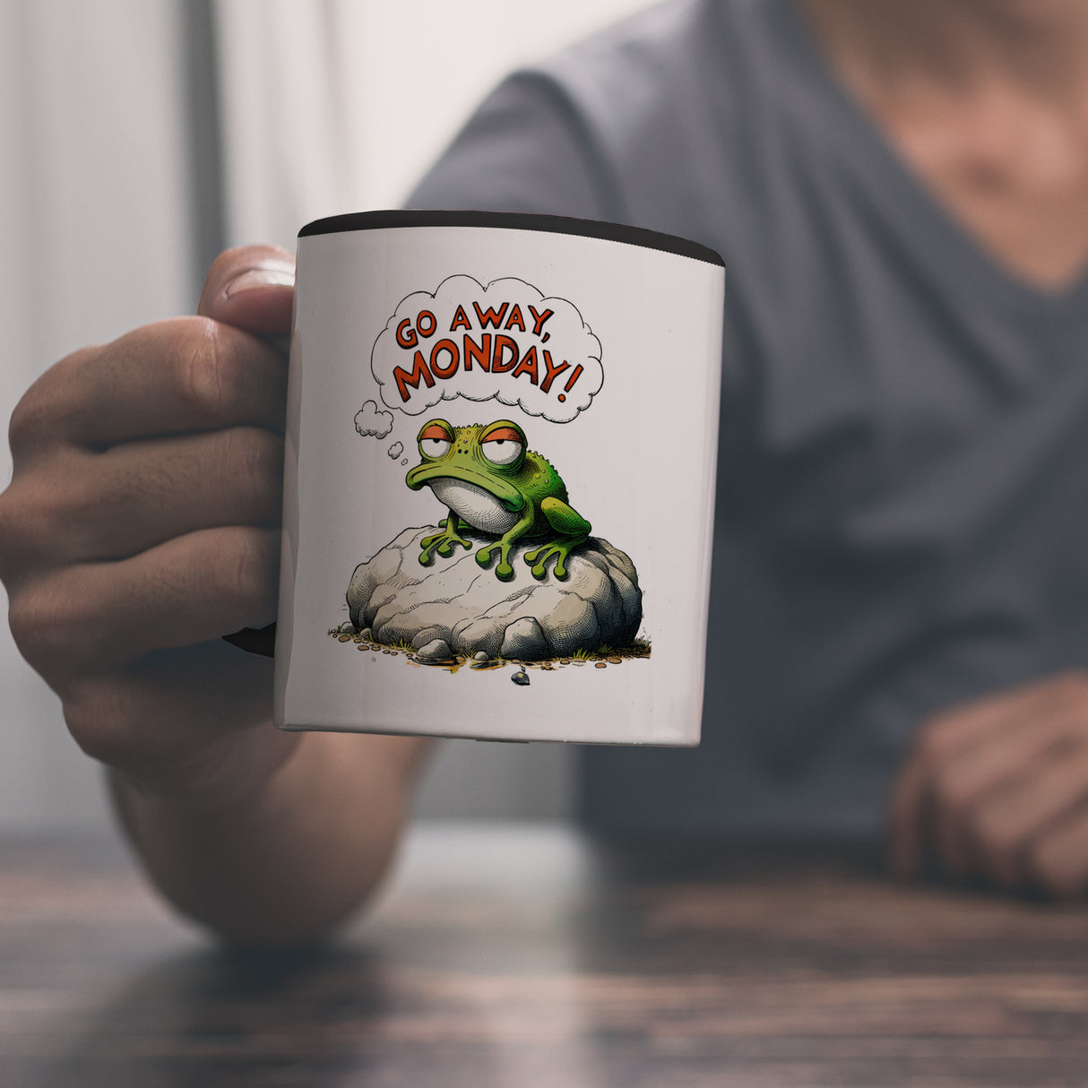 Mürrischer Frosch auf Stein Kaffeebecher mit Spruch Go away, Monday!