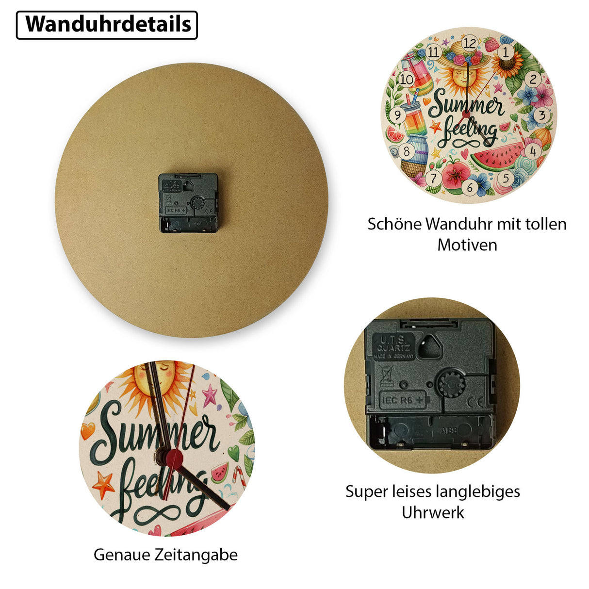 Sonne und Sommer Wanduhr mit Spruch Summer feeling