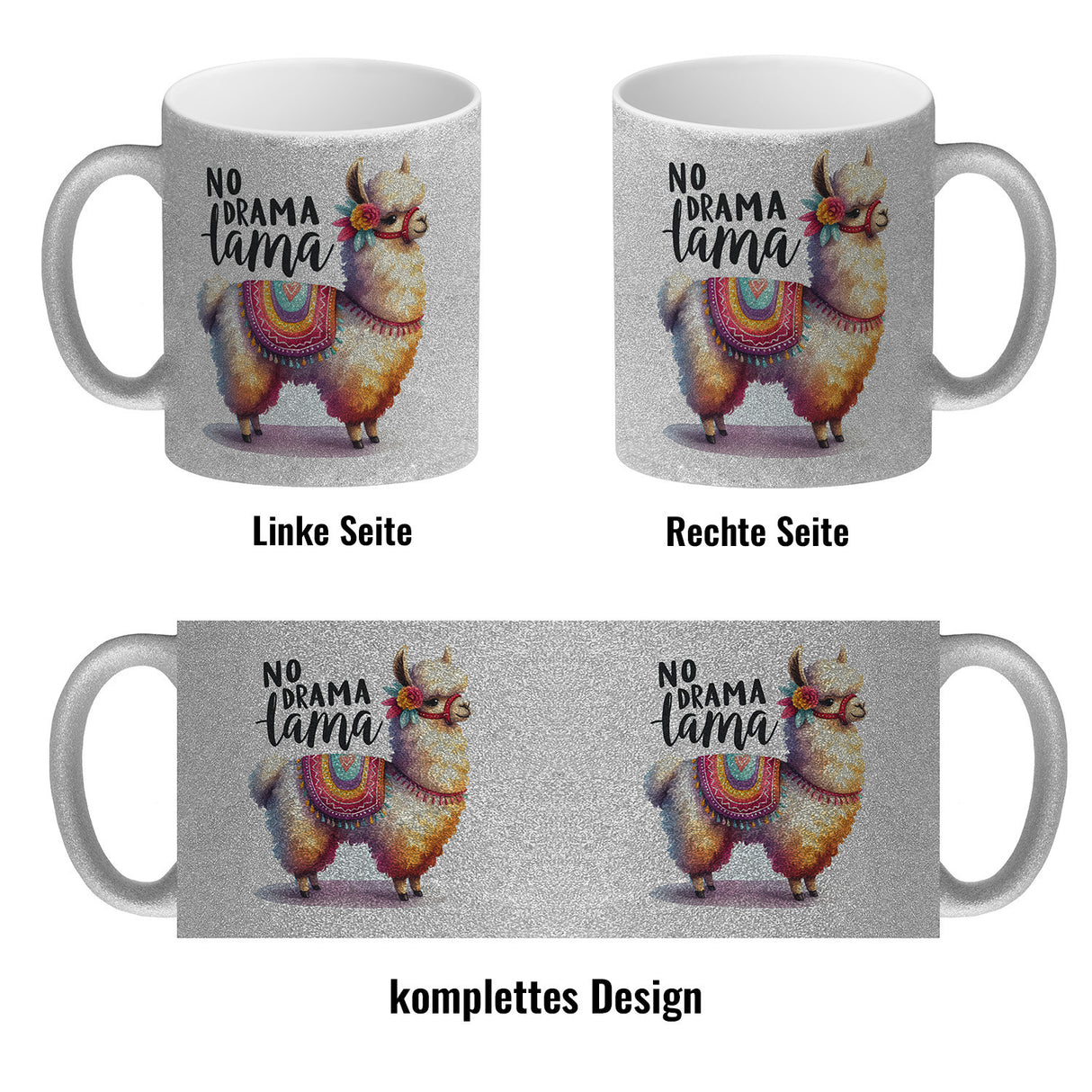 Alpaka mit bunter Satteldecke Kaffeebecher mit Spruch No Drama Lama