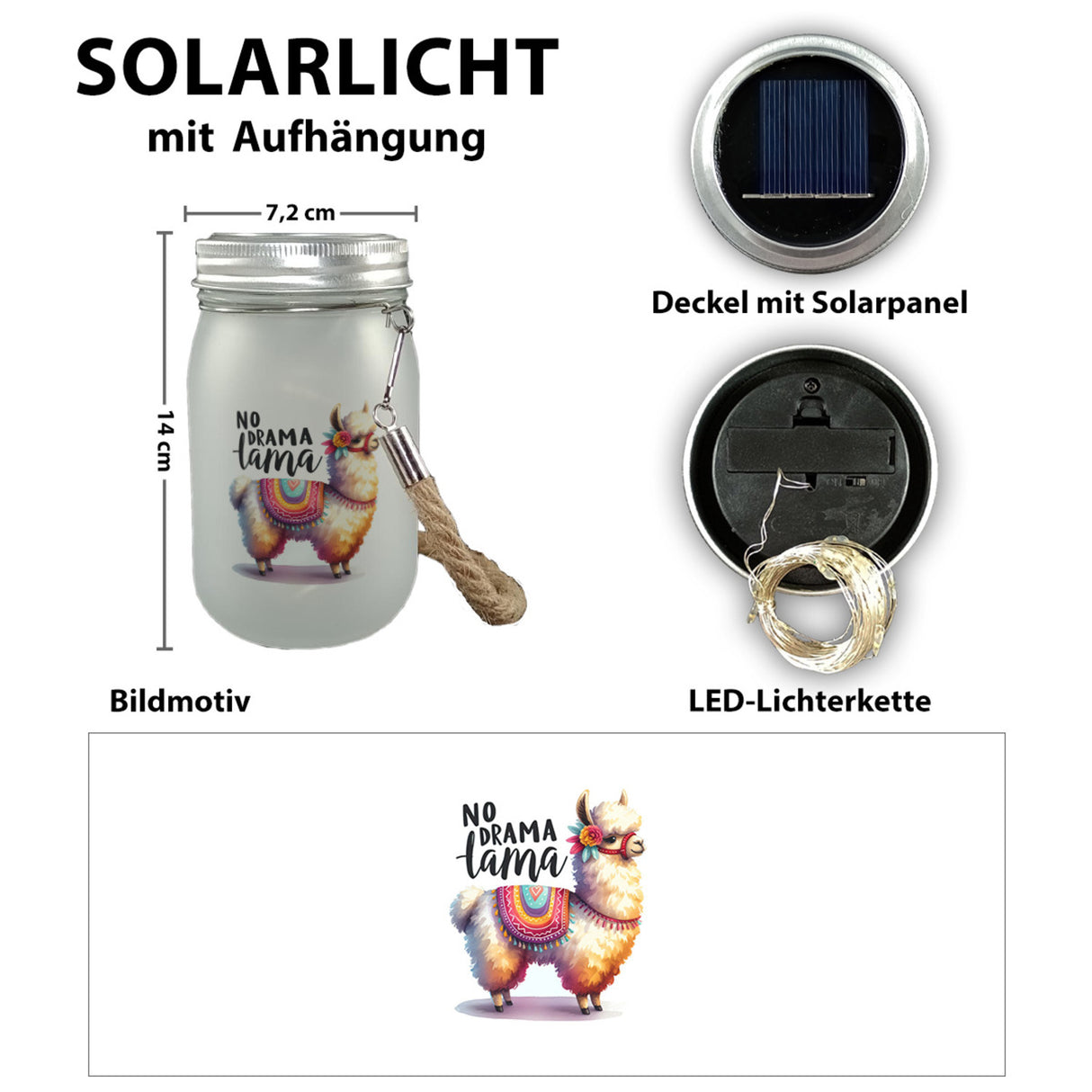 Alpaka mit bunter Satteldecke Solarlicht mit Spruch No Drama Lama