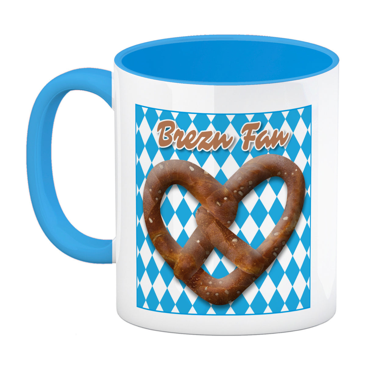 Brezelherz Bayernflagge Kaffeebecher mit Spruch Brezn Fan