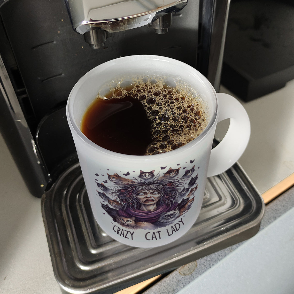 Katzenfrau Kaffeebecher mit Spruch Crazy Cat Lady