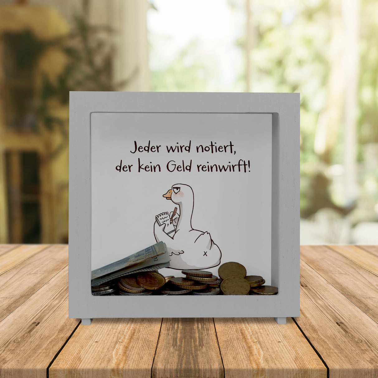 Gilbert die Gans Spardose mit Spruch Notiert wer kein Geld einwirft