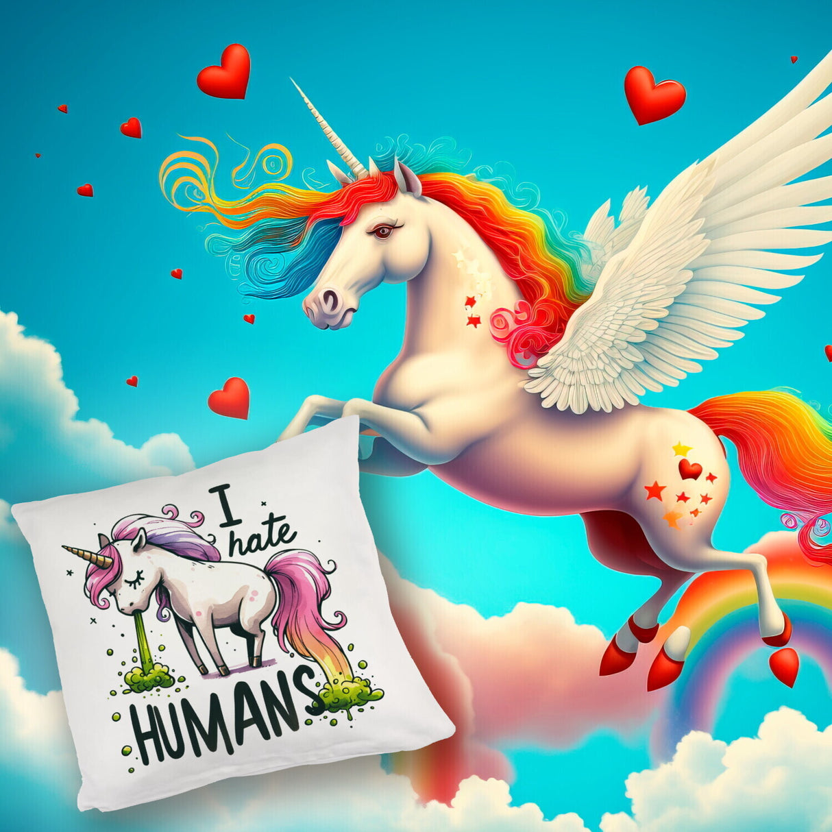 Kotzendes Einhorn Kissen mit Spruch I hate Humans