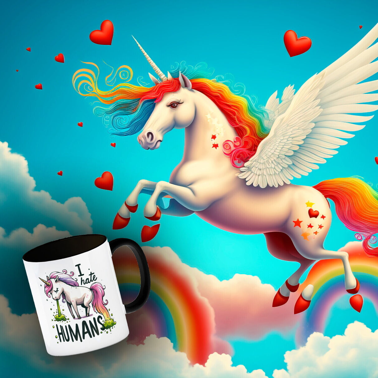 Kotzendes Einhorn Kaffeebecher mit Spruch I hate Humans