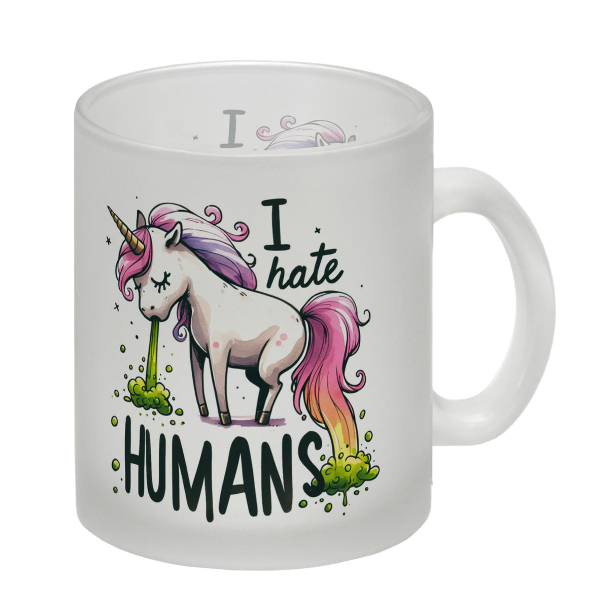 Kotzendes Einhorn Kaffeebecher mit Spruch I hate Humans