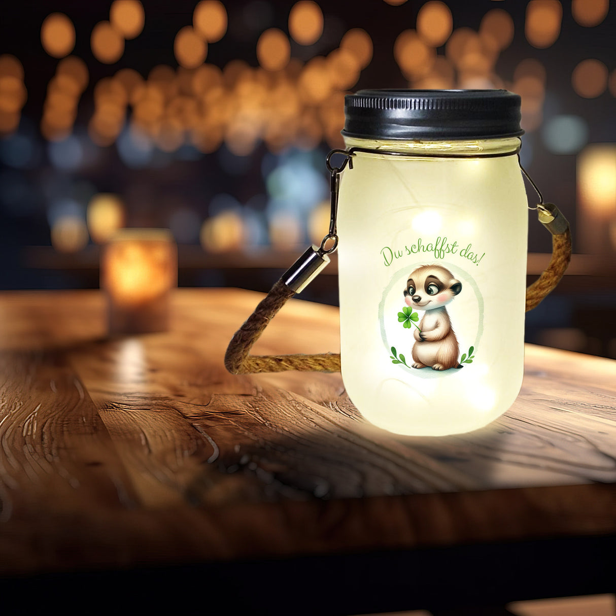 Erdmännchen mit Kleeblatt Solarlicht mit Spruch Du schaffst das