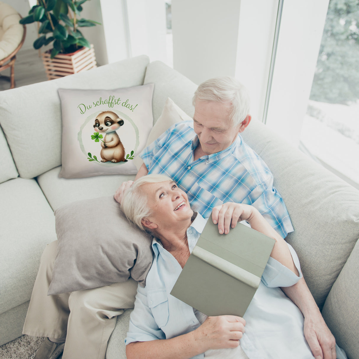 Erdmännchen mit Kleeblatt Kissen mit Spruch Du schaffst das