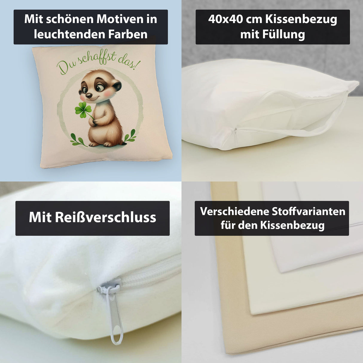 Erdmännchen mit Kleeblatt Kissen mit Spruch Du schaffst das