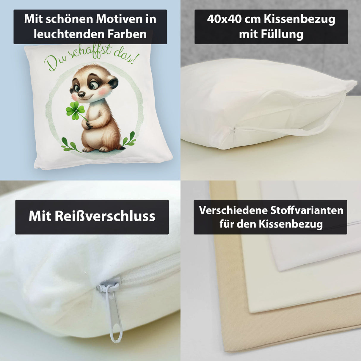 Erdmännchen mit Kleeblatt Kissen mit Spruch Du schaffst das