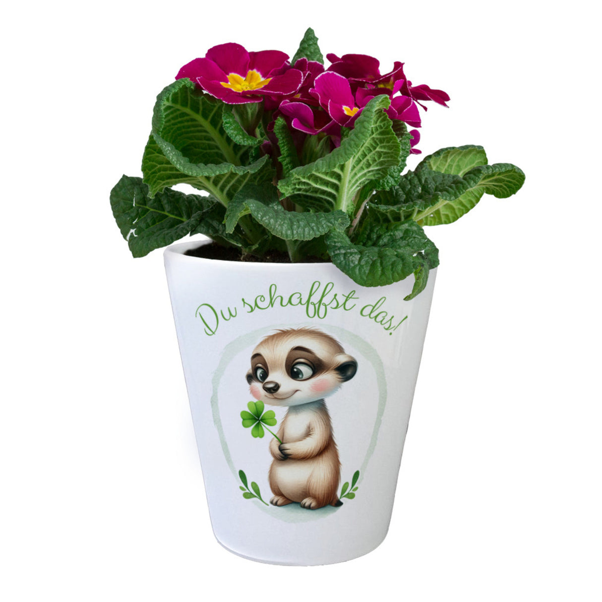 Erdmännchen mit Kleeblatt Blumentopf mit Spruch Du schaffst das