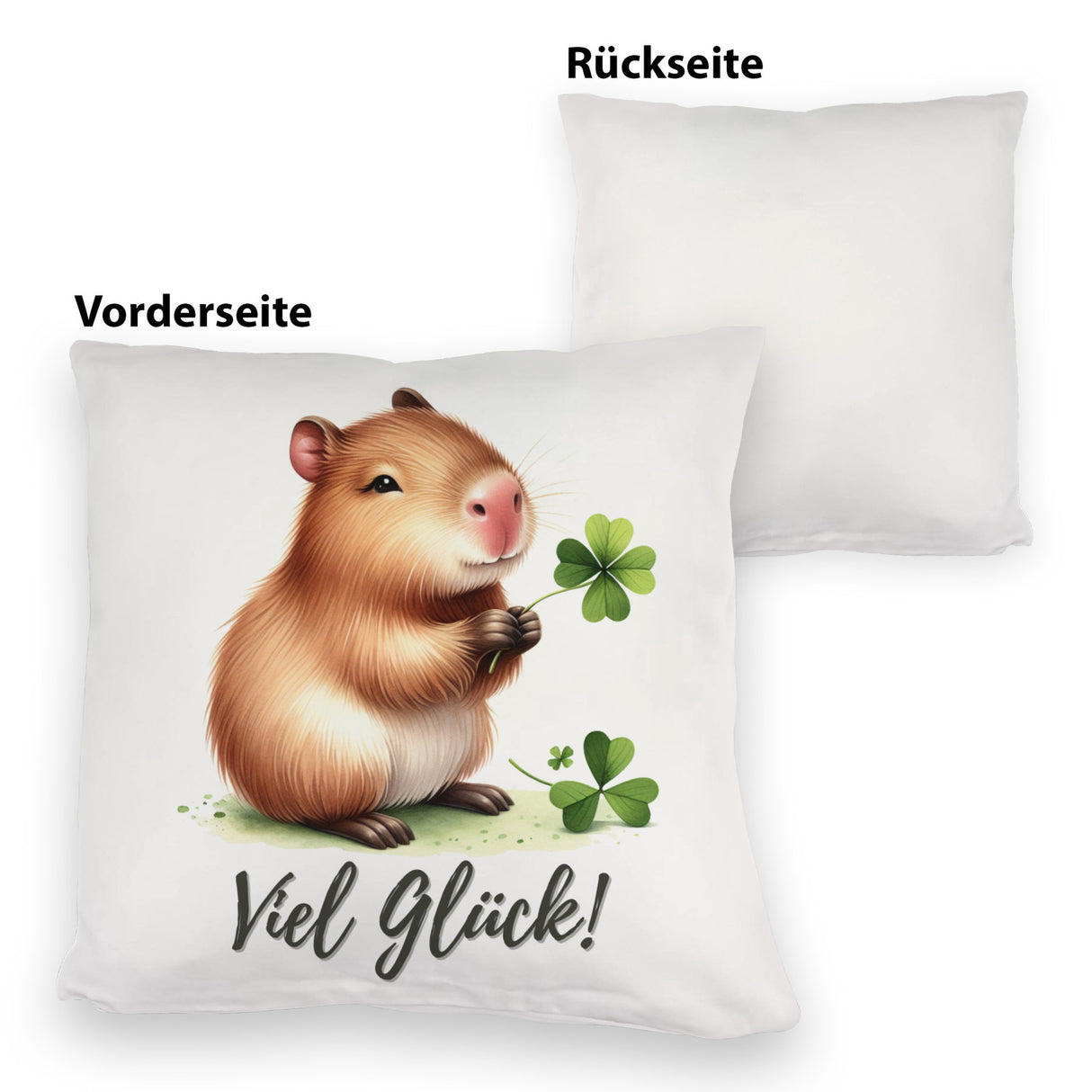 Capybara mit Kleeblatt Kissen mit Spruch Viel Glück