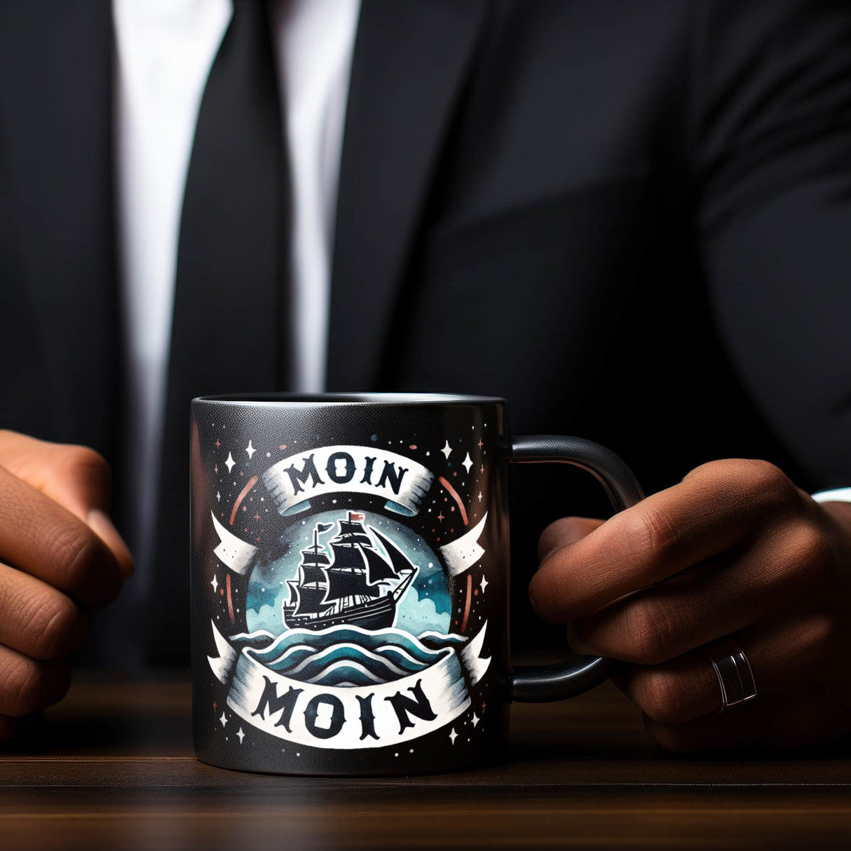 Segelschiff Moin Moin Tasse in Schwarz
