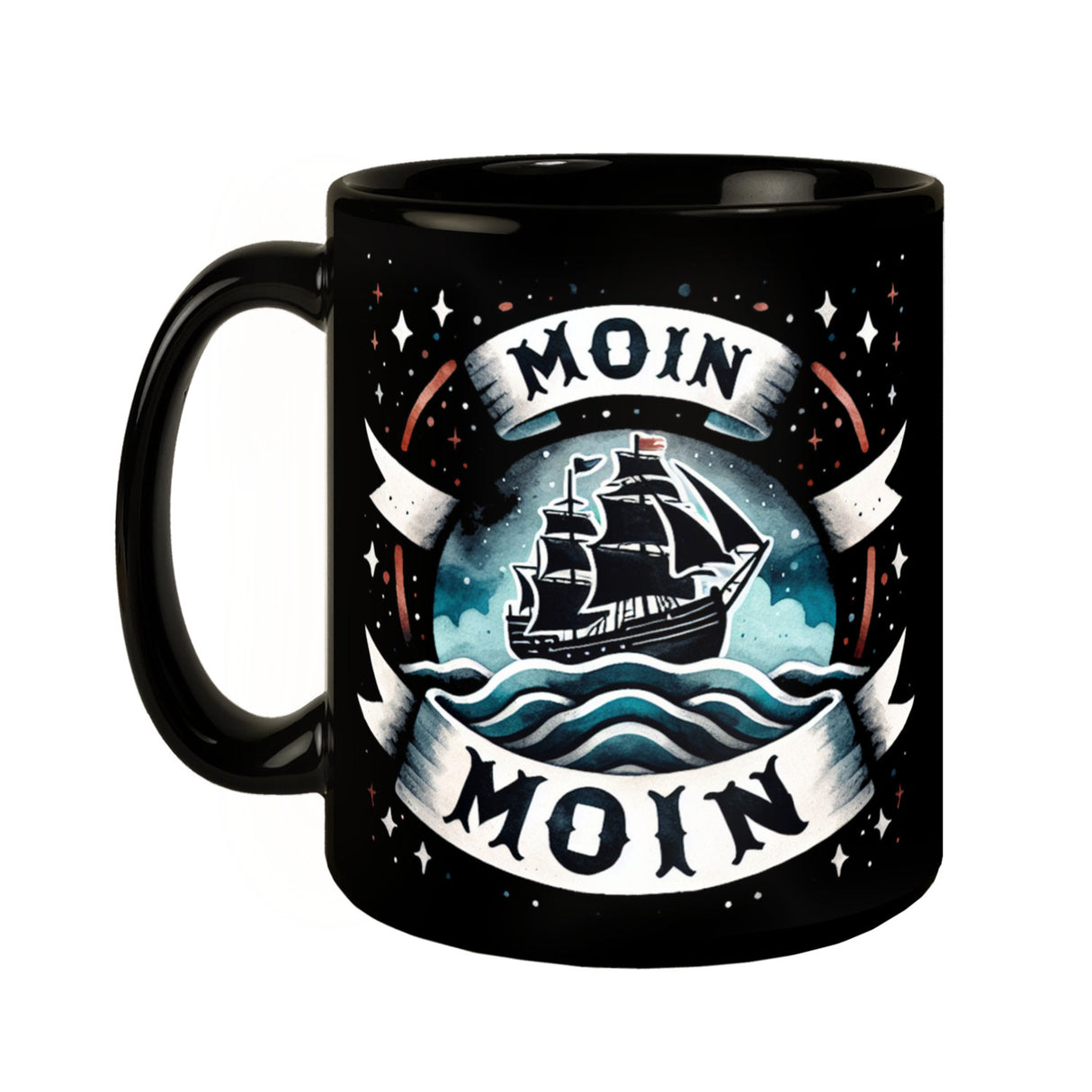 Segelschiff Moin Moin Tasse in Schwarz