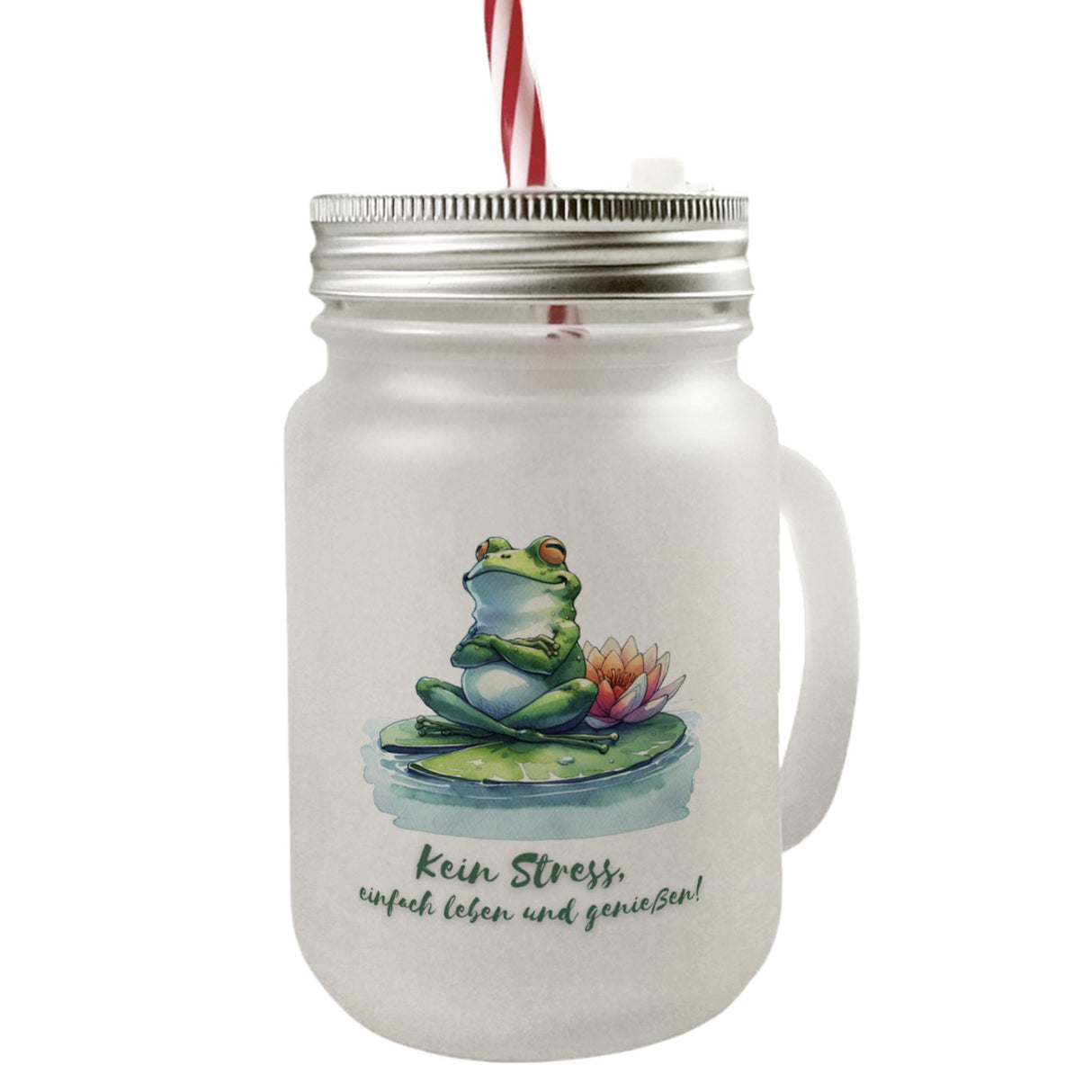 Frosch auf Seerose Trinkglas mit Bambusdeckel mit Spruch Kein Stress einfach leben und genießen