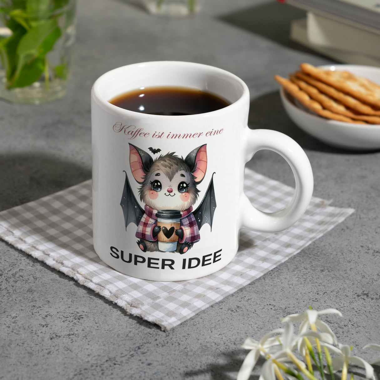 Fledermaus mit Kaffeebecher Kaffeebecher mit Spruch Kaffee ist immer eine super Idee