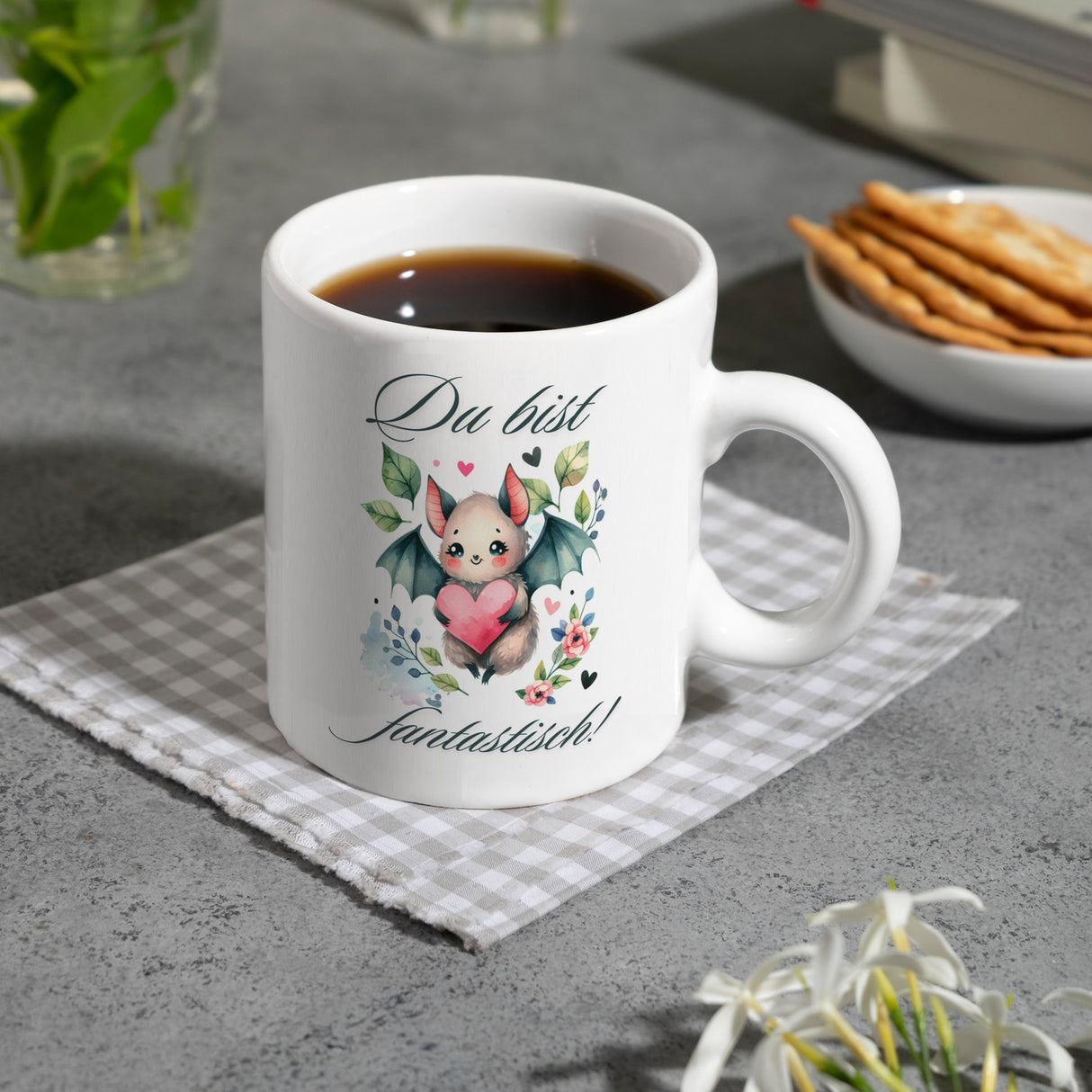 niedliche Fledermaus mit Herz Kaffeebecher mit Spruch Du bist fantastisch