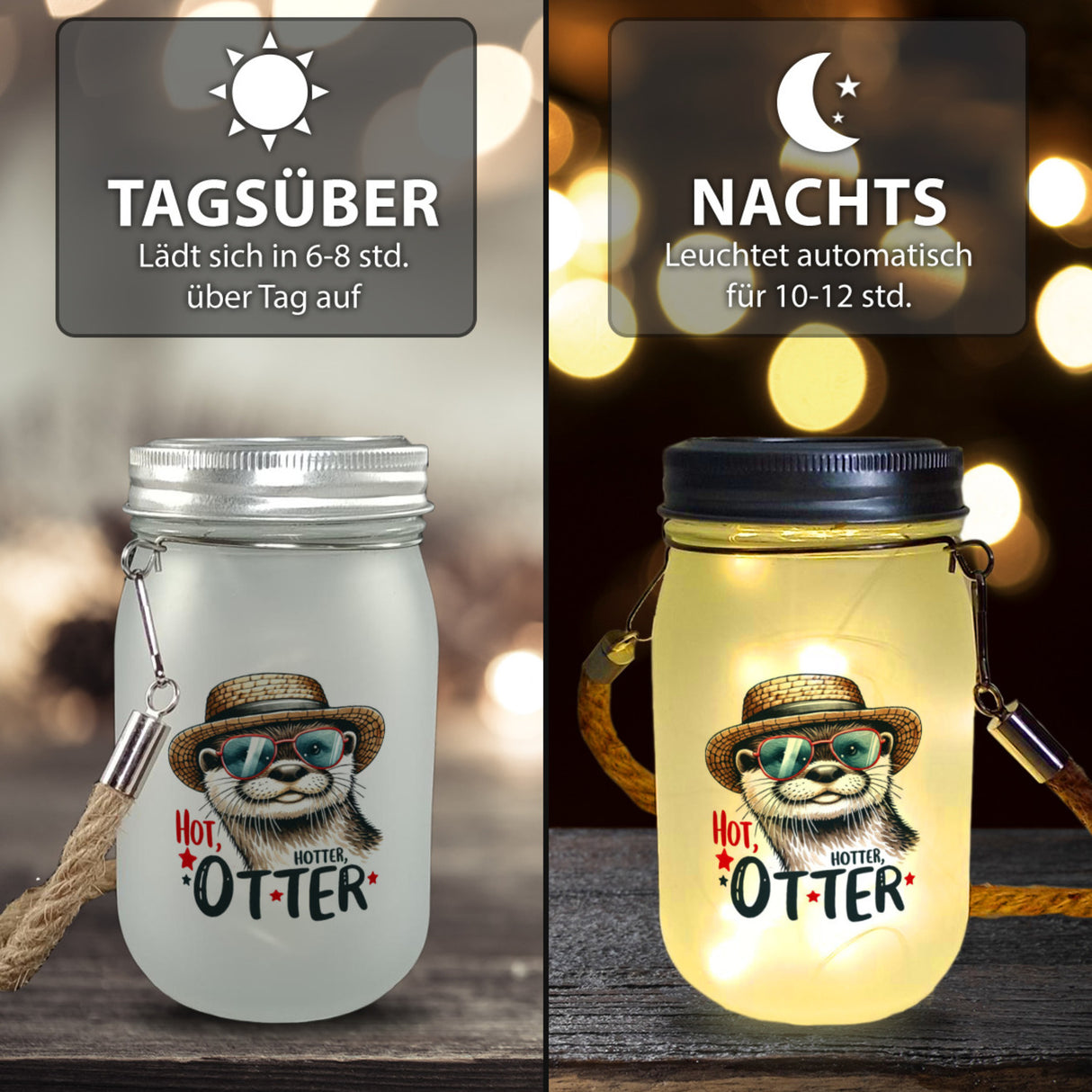 Otter mit Sonnenbrille und Strohhut Solarlicht mit Spruch Hot Hotter Otter
