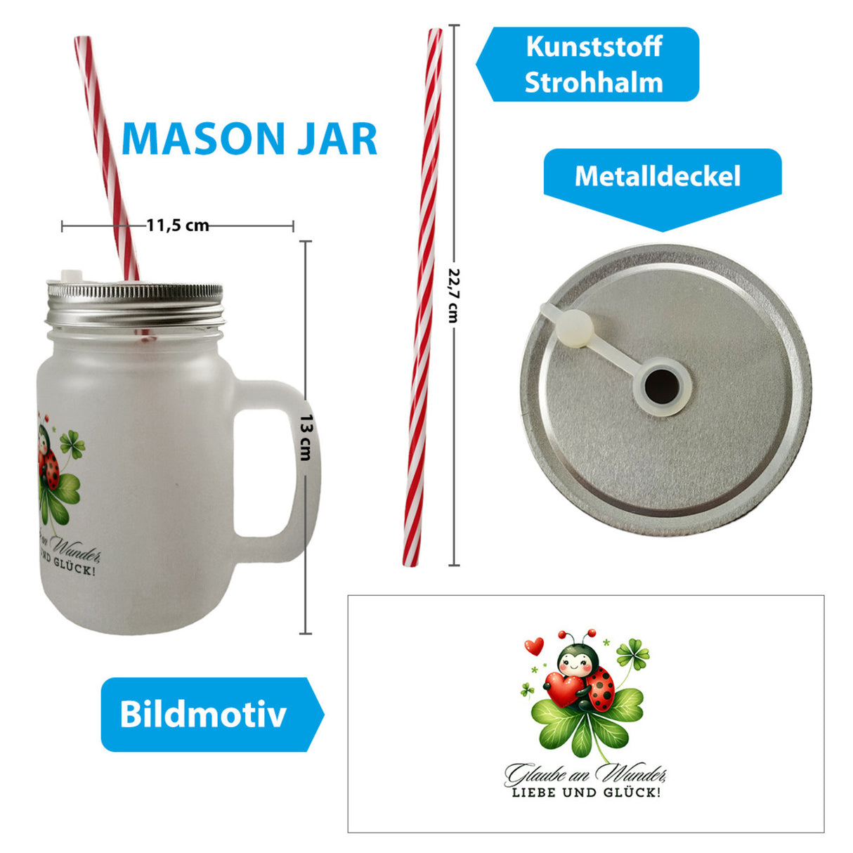 Marienkäfer Trinkglas mit Bambusdeckel mit Spruch Glaube an Wunder, Liebe und Glück!