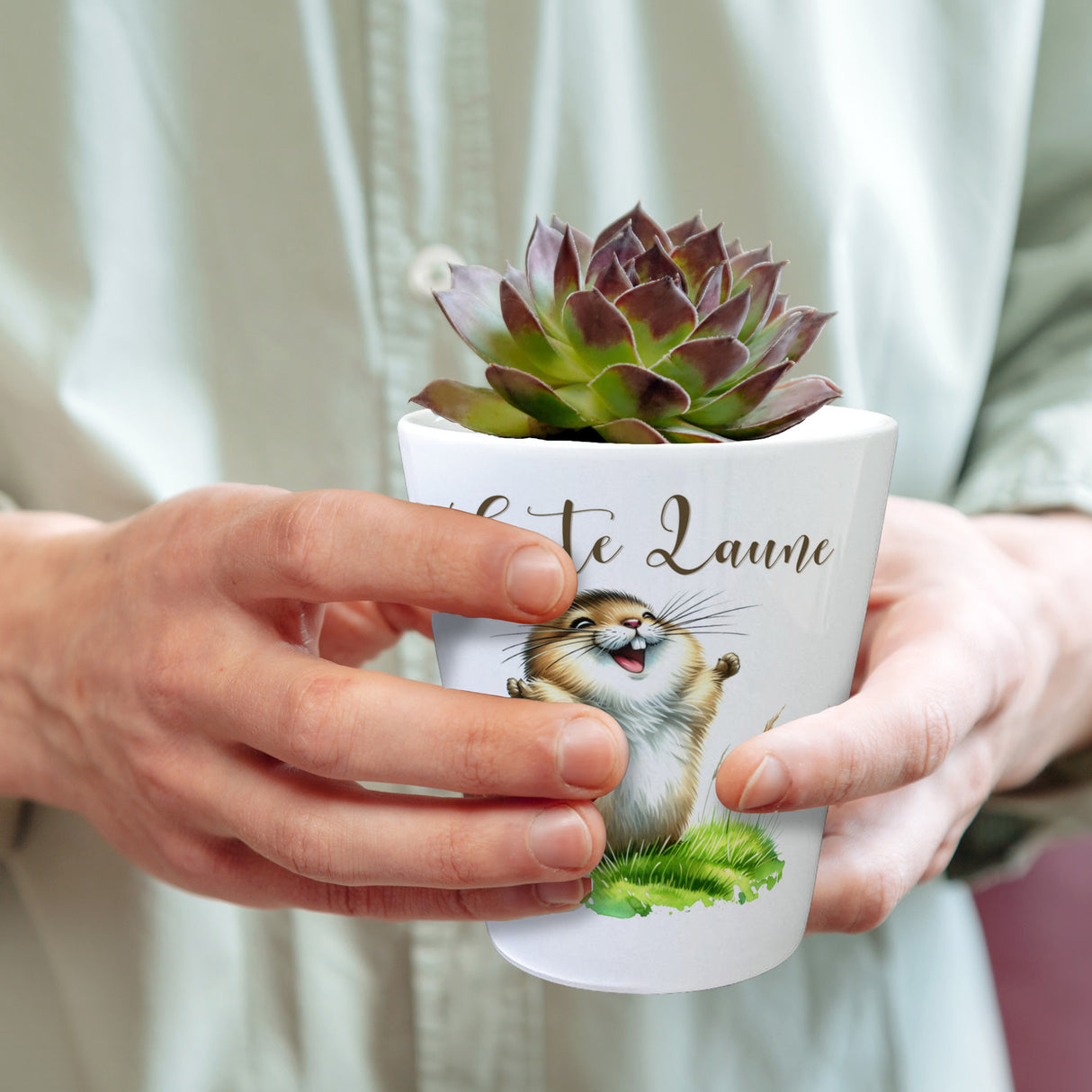 jubelnder Lemming Blumentopf mit Spruch Gute Laune