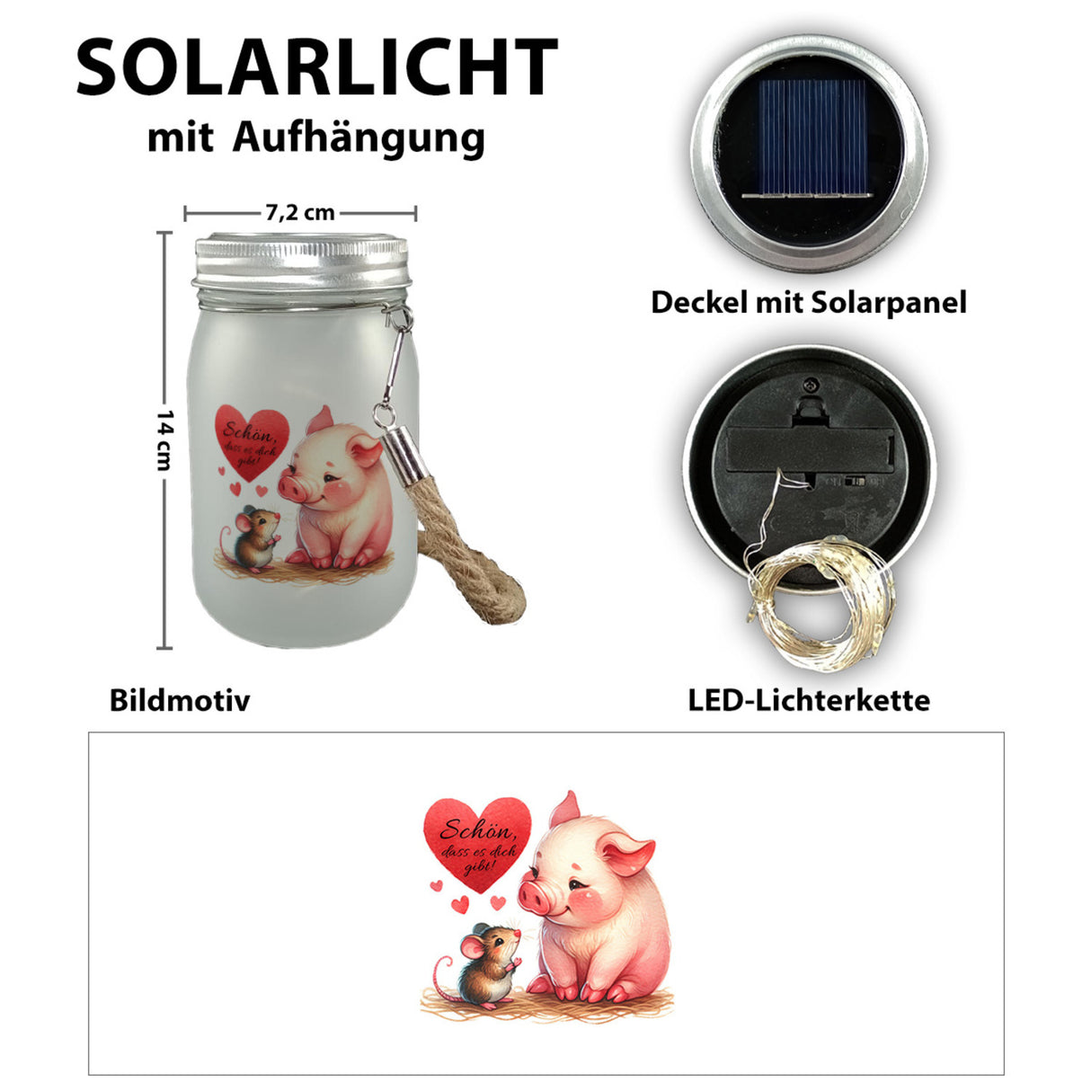 Schwein mit Maus und Herz Solarlicht mit Spruch Schön dass es dich gibt