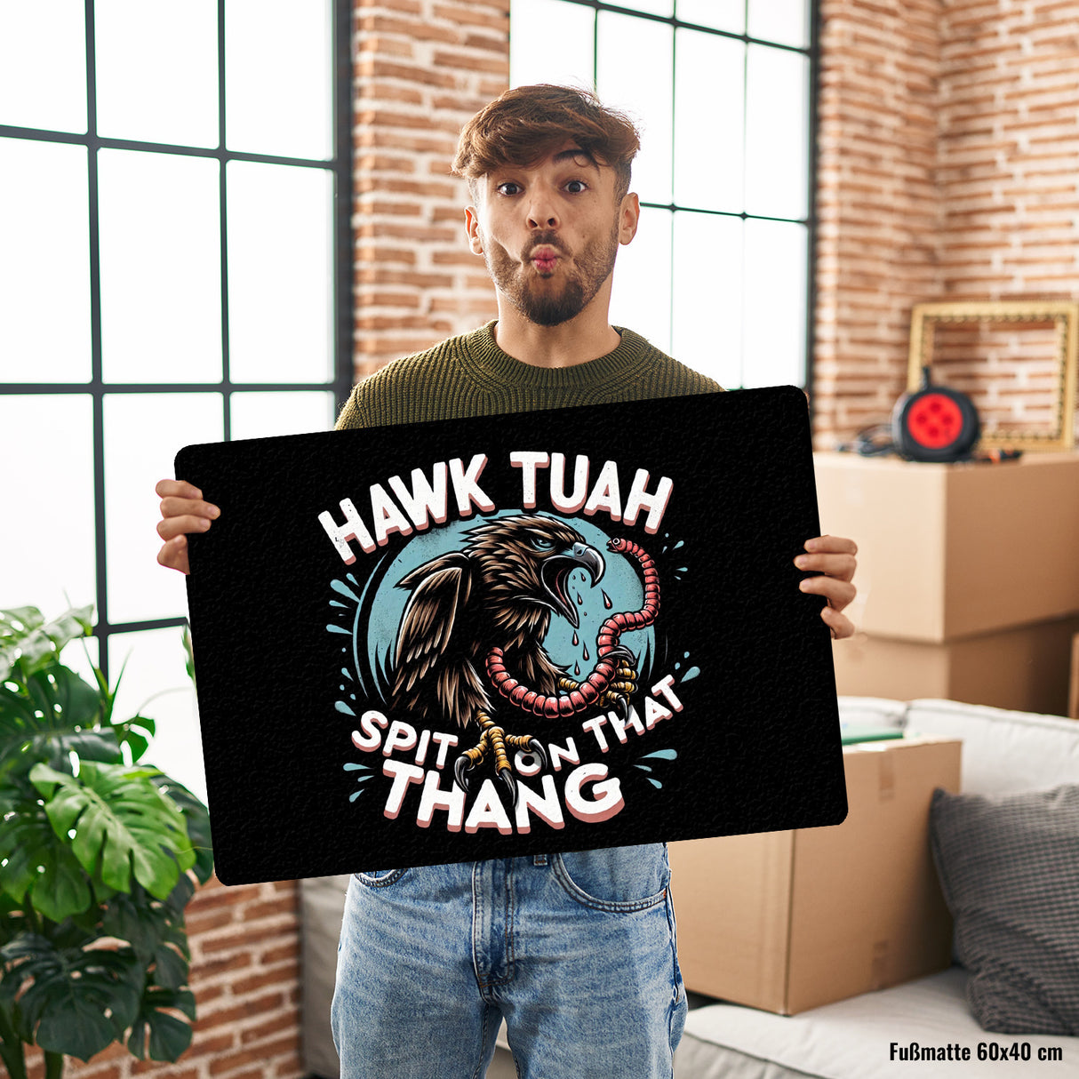 Hawk Tuah Falke mit Regenwurm Fußmatte in 35x50 cm ohne Rand mit Spruch Spit on that thang