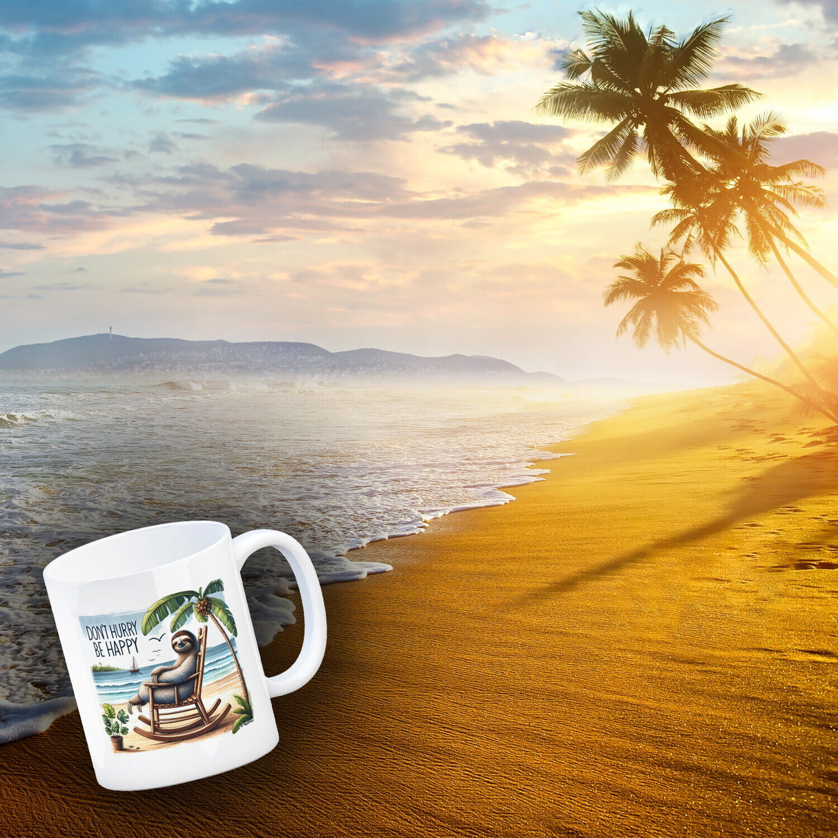 Faultier am Strand Kaffeebecher mit Spruch Don't hurry - be happy