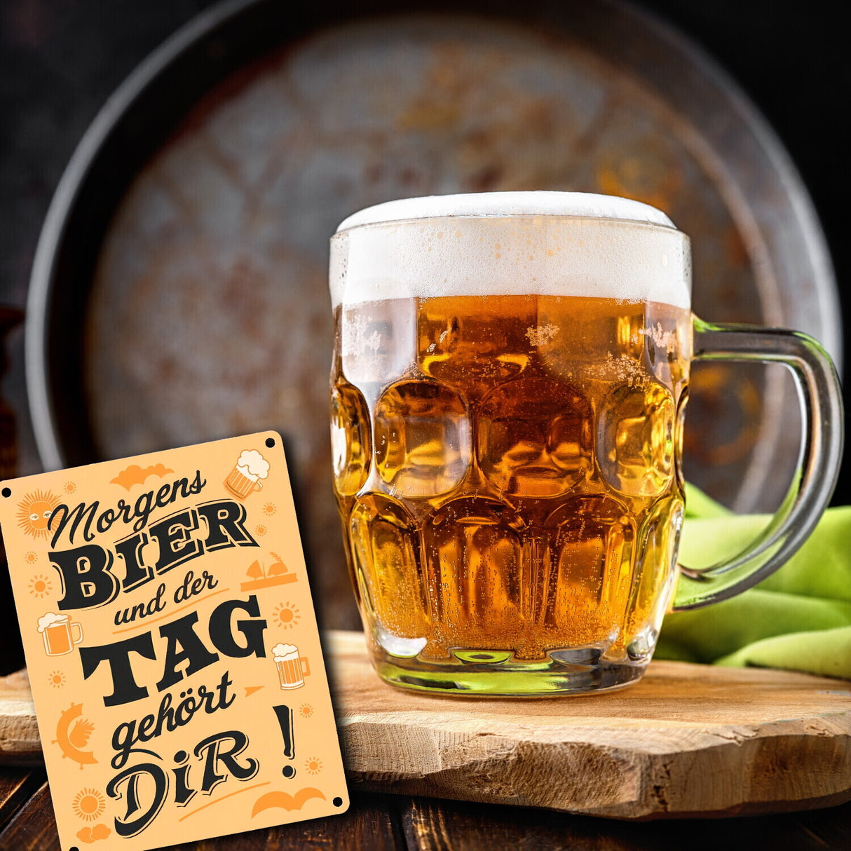 Metallschild in 15x20 cm - Morgens Bier und der Tag gehört dir