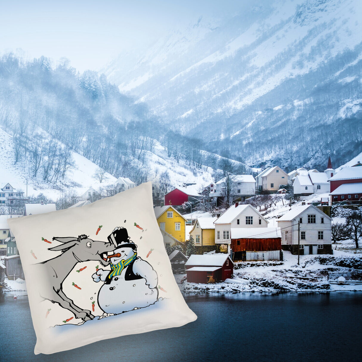 Kissen Schneemann & Esel - Weihnachtsdeko mit Humor
