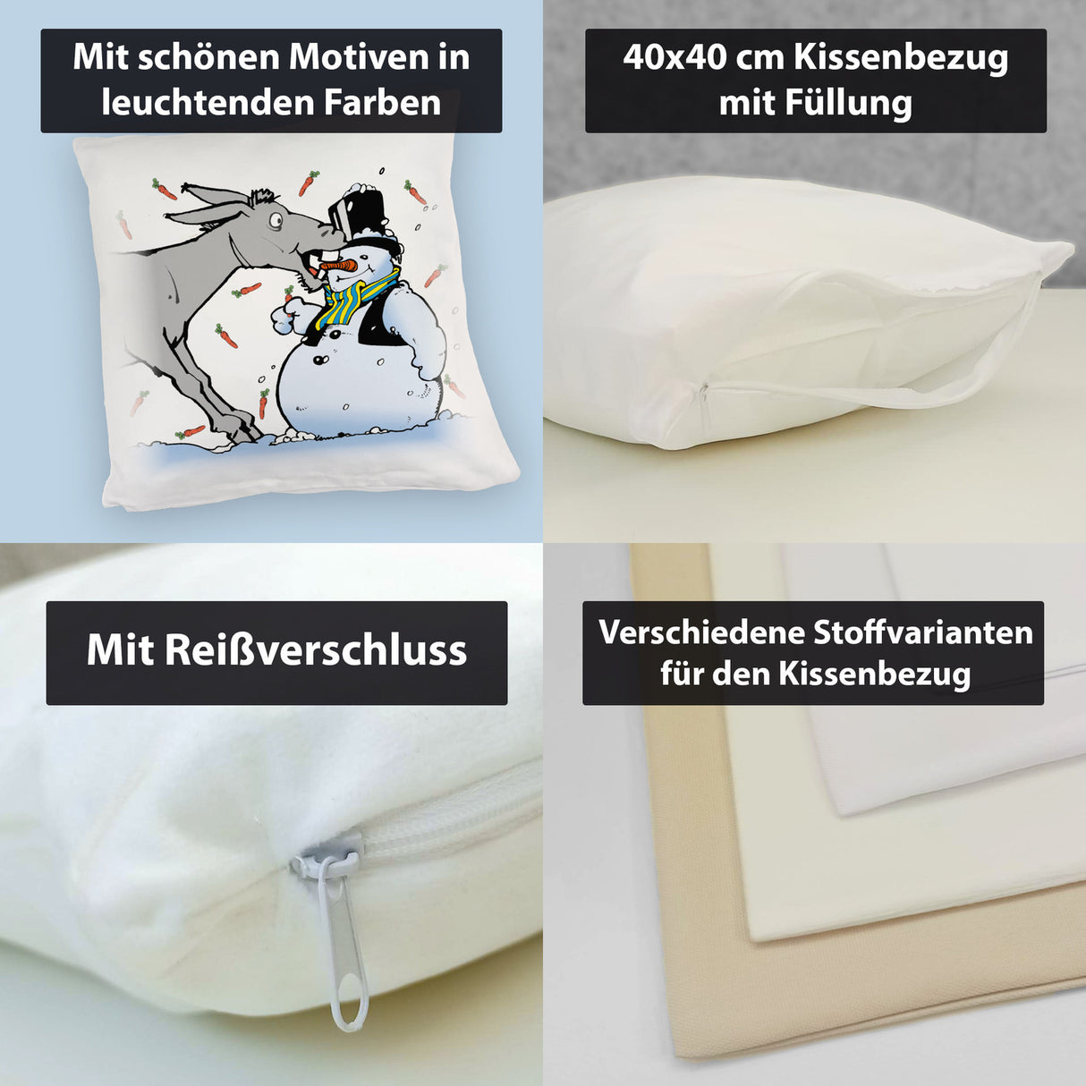 Kissen Schneemann & Esel - Weihnachtsdeko mit Humor