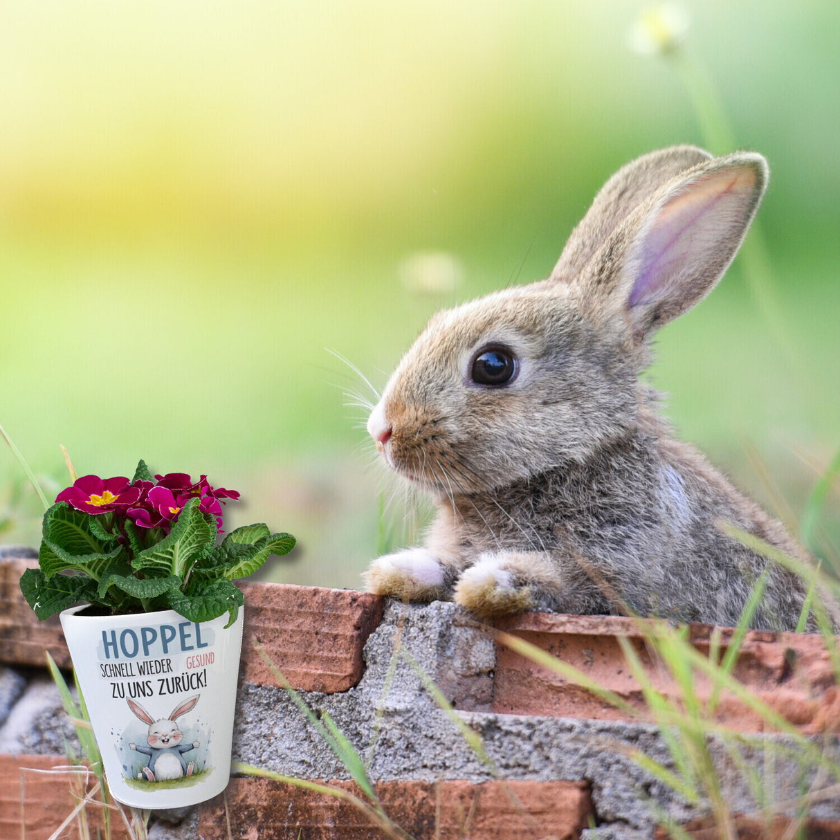 Hoppel schnell gesund zurück Blumentopf - Hase auf der Wiese