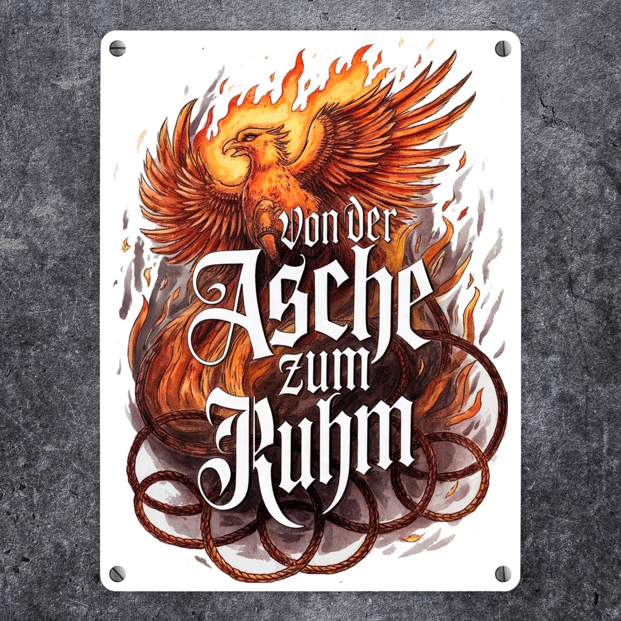 Phönix mit Flammen - Von der Asche zum Ruhm Metallschild in 15x20 cm
