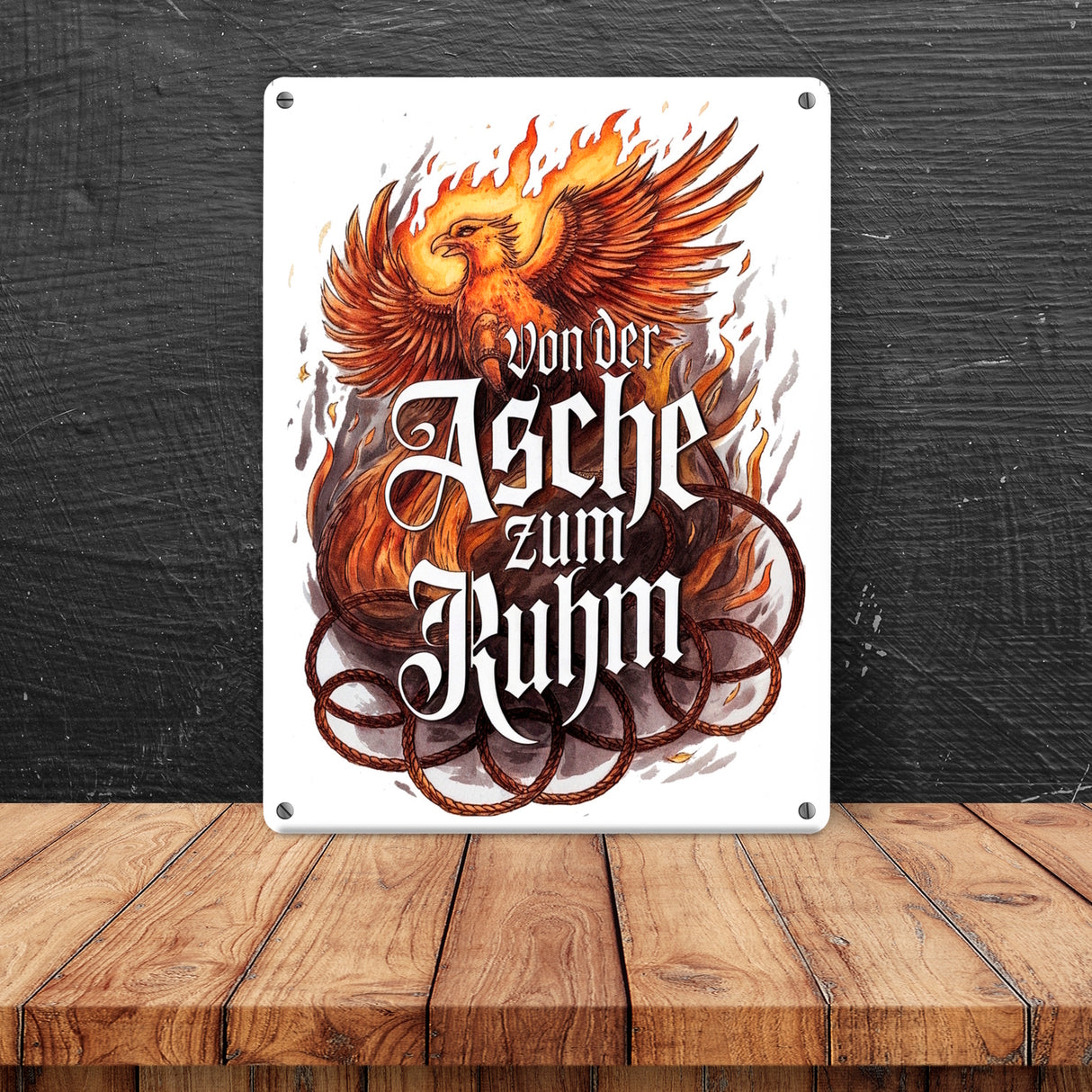 Phönix mit Flammen - Von der Asche zum Ruhm Metallschild in 15x20 cm