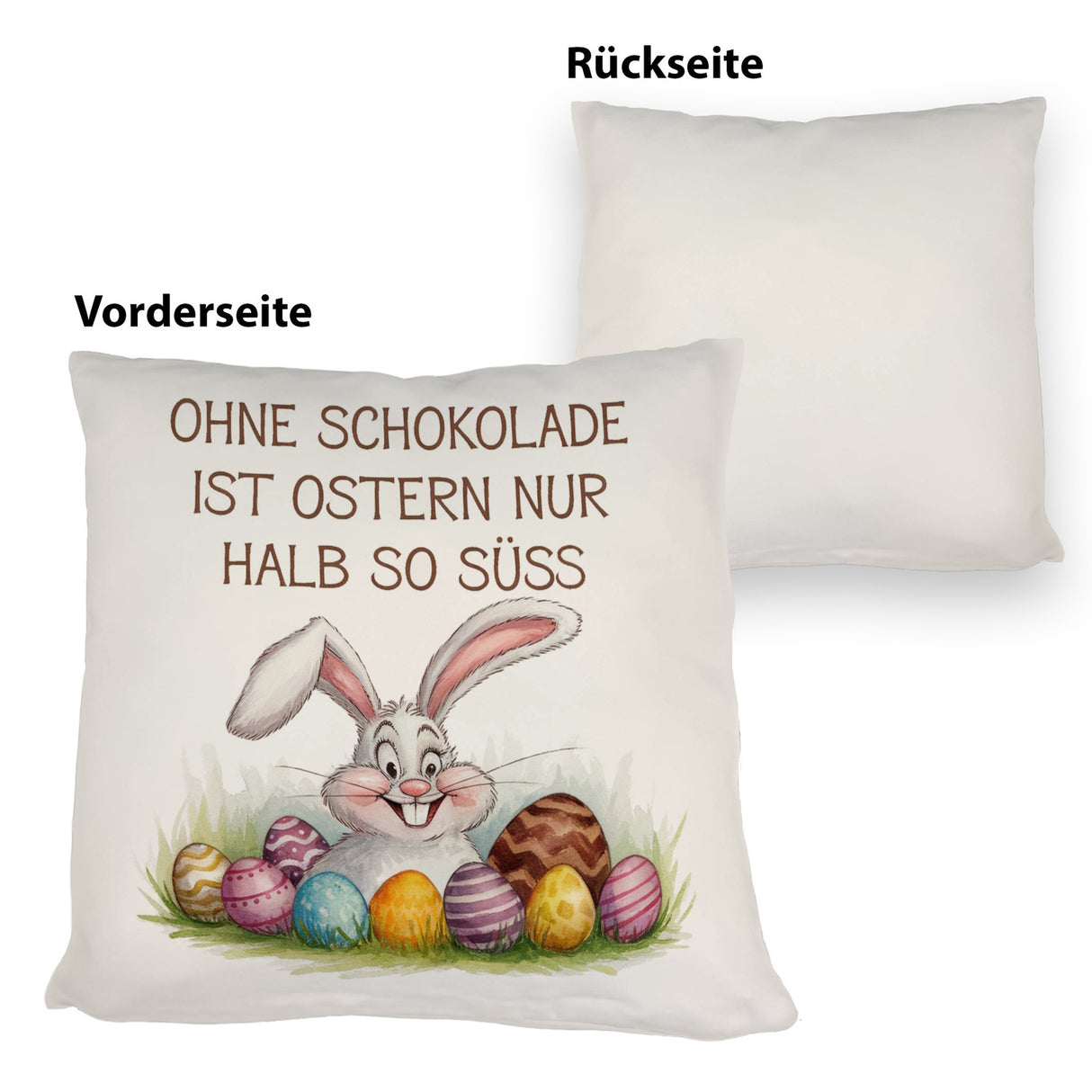 Fröhlicher Hase mit Ostereiern Kissen - Ostern ohne Schokolade halb so süß