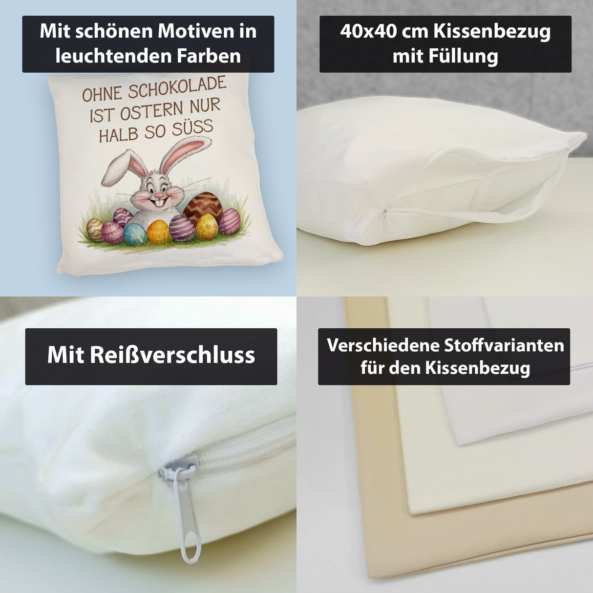 Fröhlicher Hase mit Ostereiern Kissen - Ostern ohne Schokolade halb so süß