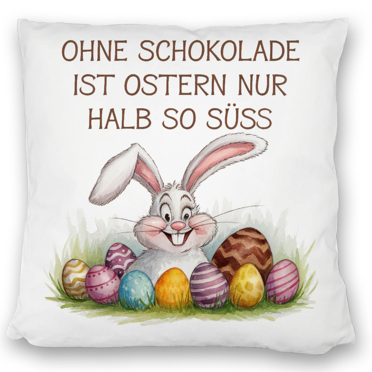 Fröhlicher Hase mit Ostereiern Kissen - Ostern ohne Schokolade halb so süß