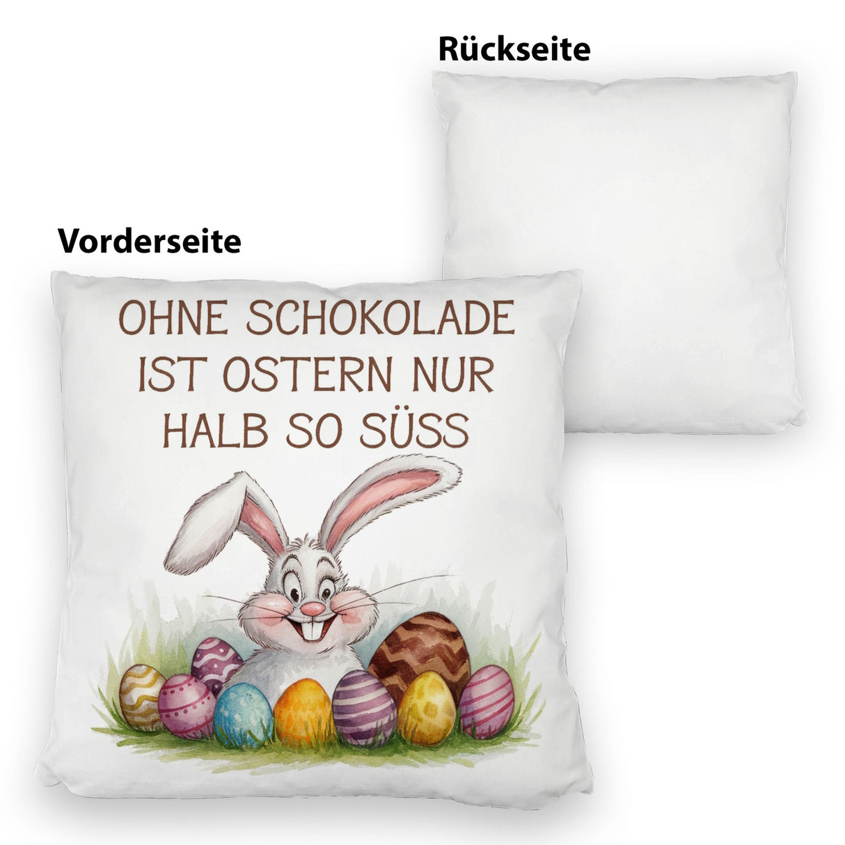 Fröhlicher Hase mit Ostereiern Kissen - Ostern ohne Schokolade halb so süß