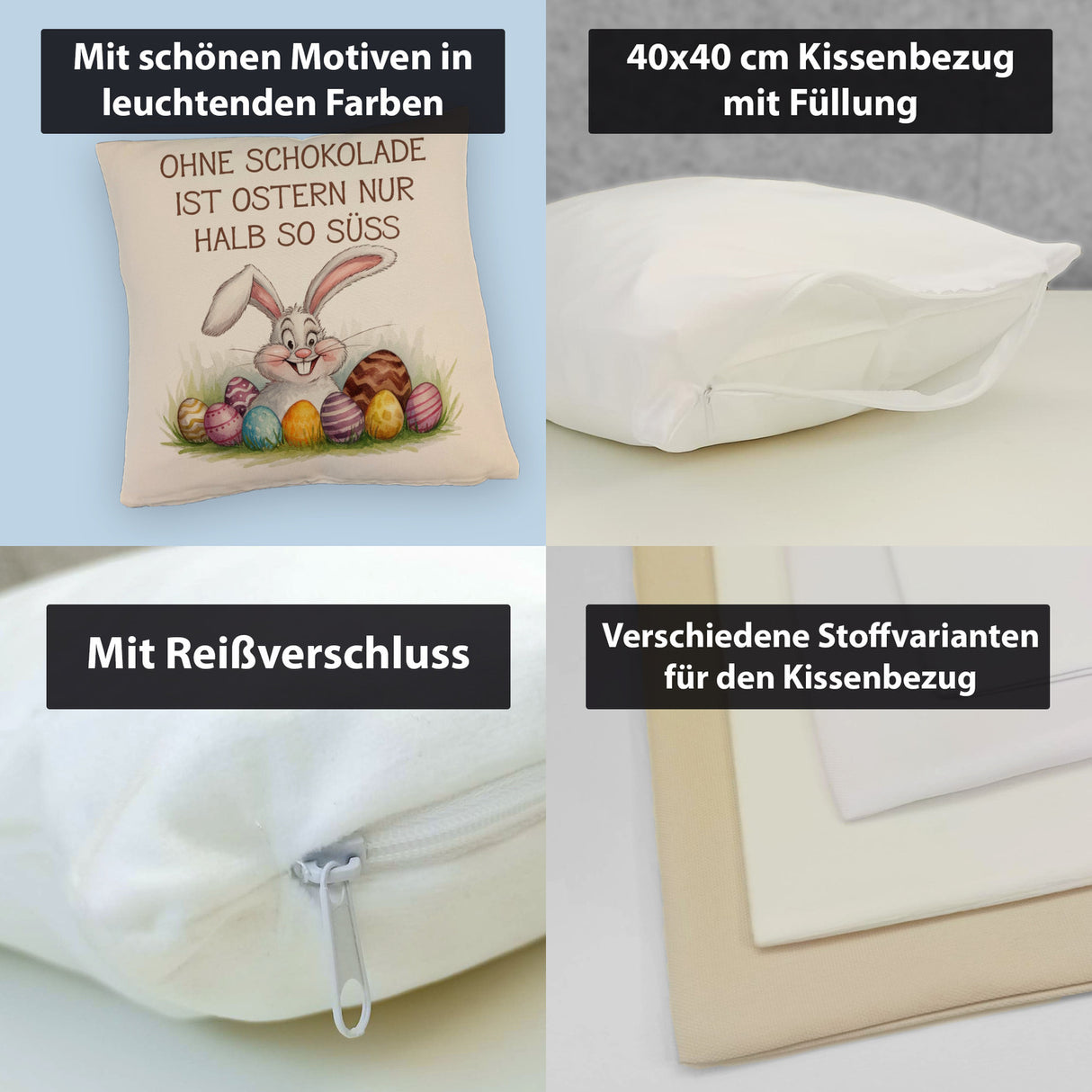 Fröhlicher Hase mit Ostereiern Kissen - Ostern ohne Schokolade halb so süß