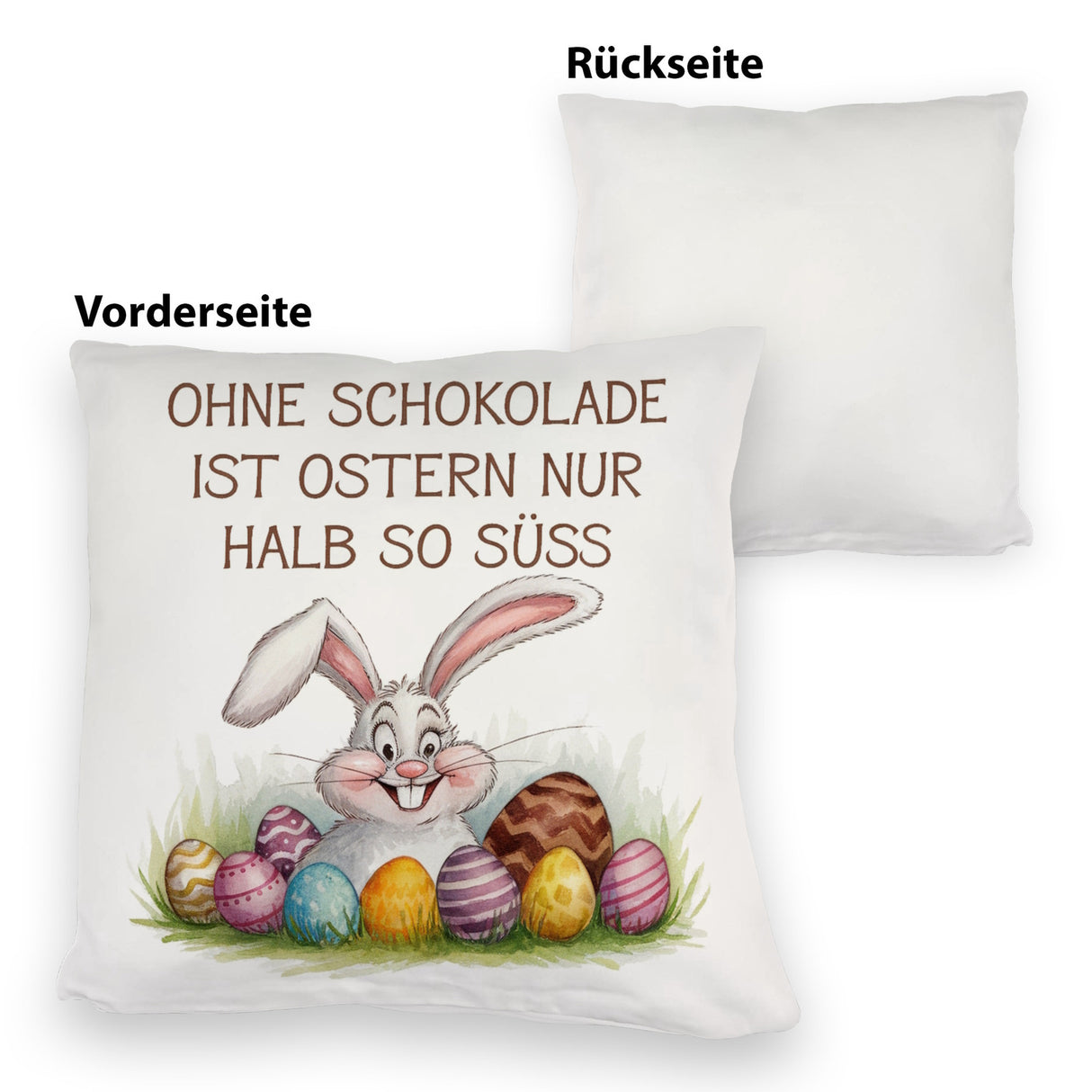 Fröhlicher Hase mit Ostereiern Kissen - Ostern ohne Schokolade halb so süß
