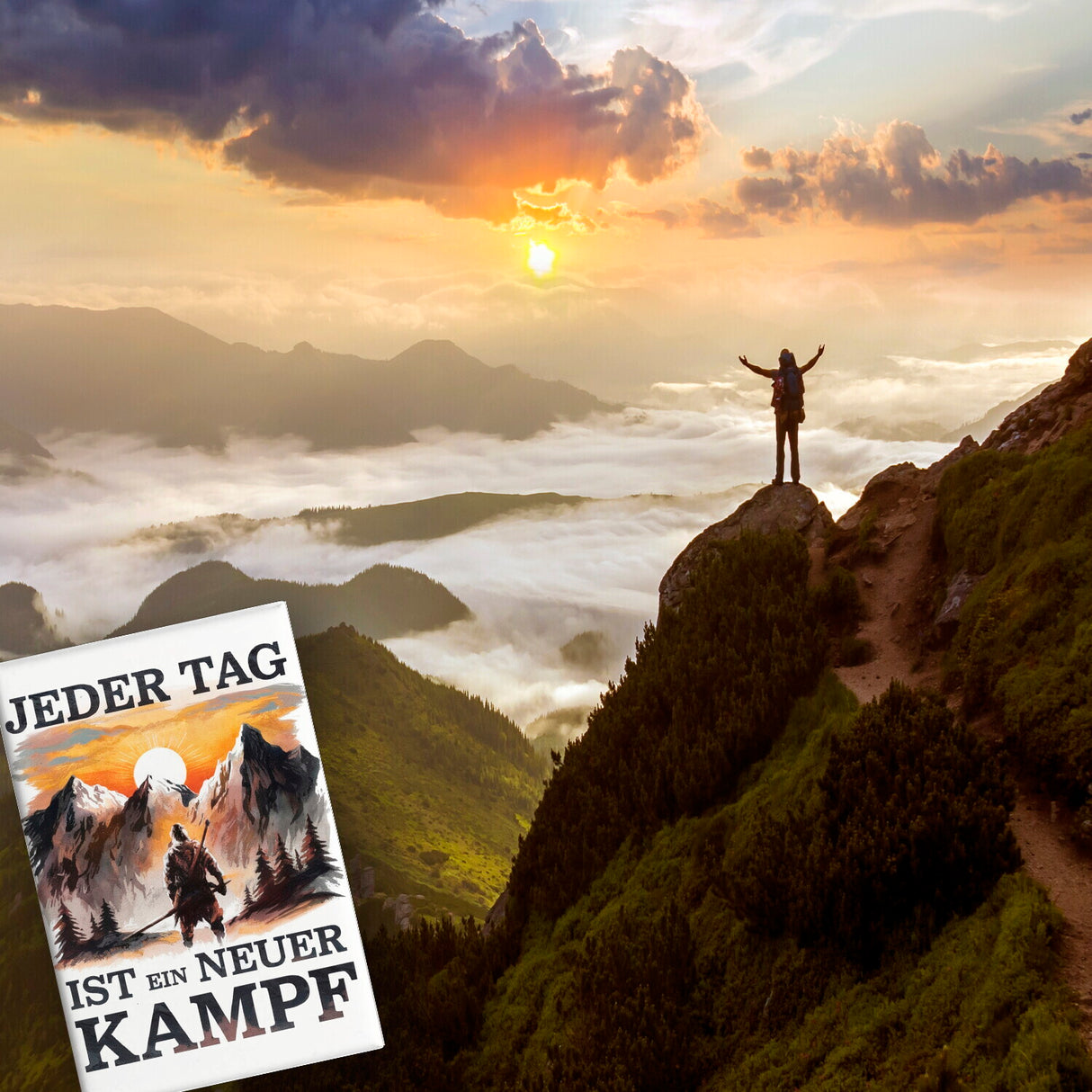 Jeder Tag ein neuer Kampf Souvenir Souvenir Magnet - Berge im Sonnenuntergang