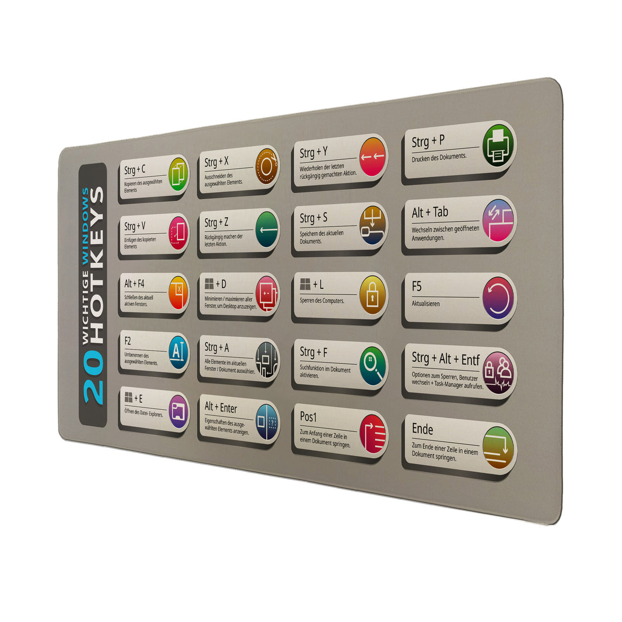 Windows Hotkeys Schreibtischunterlage 69x31cm XXL Mauspad - 20 Wichtige Hotkeys