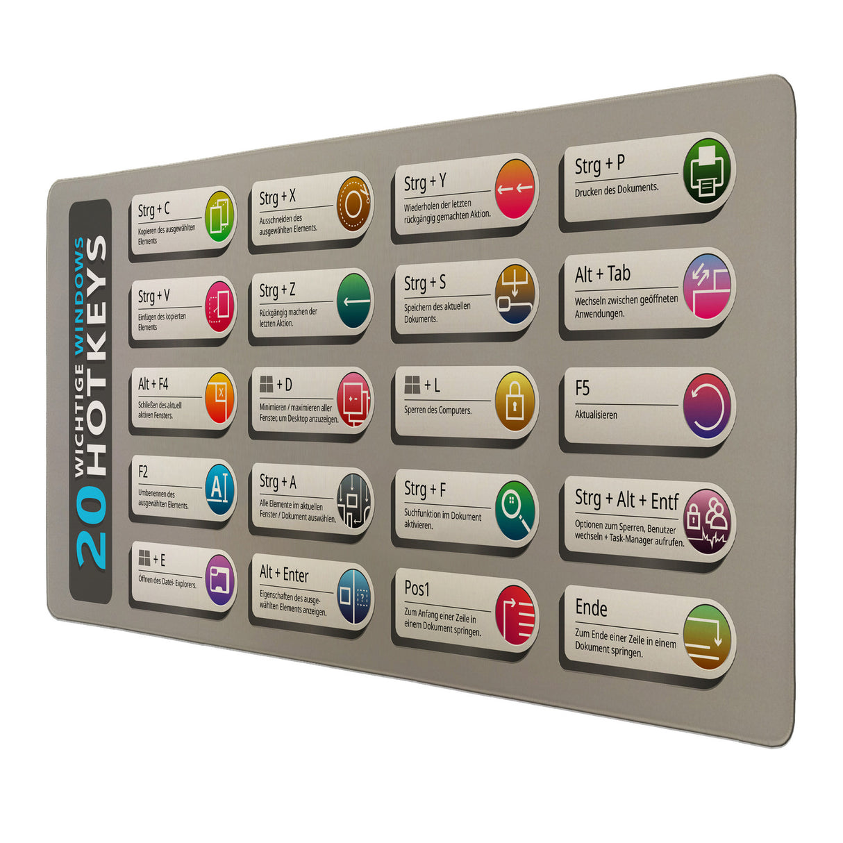 Windows Hotkeys Schreibtischunterlage 69x31cm XXL Mauspad - 20 Wichtige Hotkeys