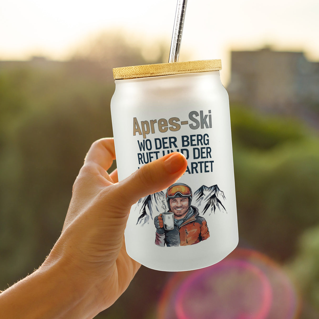 Après Ski - Berg ruft, Kater wartet Trinkglas mit Bambusdeckel